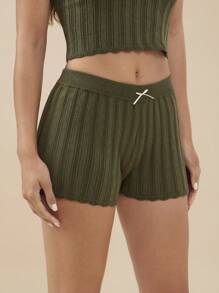 镂空针织高腰蝴蝶结前开襟修身扇贝形毛衣短裤夏季波西米亚风牛仔风沙滩装 - 軍綠色 - 查看 4