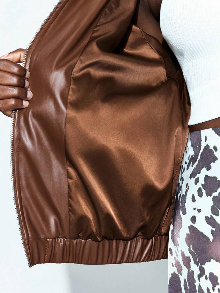SHEIN Maija Plus Size Women Solid Color PU Leather Zip-Up Casual Loose Jacket Brown Leather Jacket In Fall/Winter
