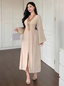 DAZY Casual Loose Splicing Flare Sleeve Long Dress For Women,Fall Dress Long Sleeve Dress - Pink - View 3