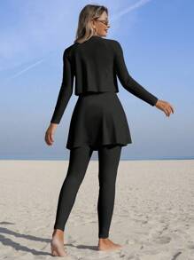 Swim Shayni 女式两件套纯色圆领长袖分层连衣裙，含全覆盖裤子，适合海滩度假穿着 - 黑色 - 查看 2