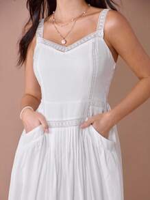 Enchnt Robe maxi femme blanche à dentelle romantique, taille plissée avec poches, pour l'été et l'automne