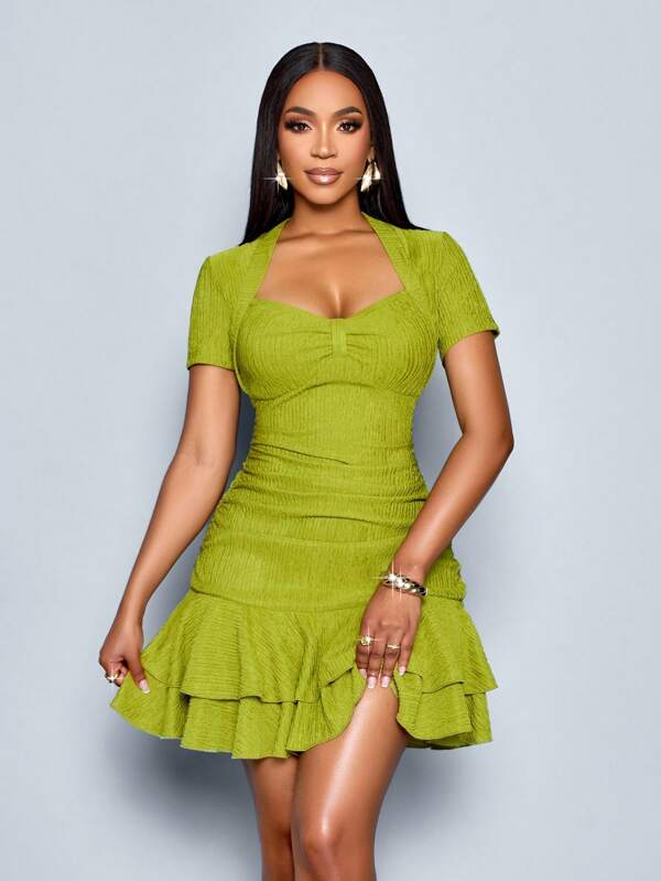SOLERSUN Rochie mini pentru femei de primăvară-vară, culoare solidă, casual, elegantă, pentru petrecere, de zi, model simplu și de bază, cu decolteu în V, mâneci scurte, slim, tricotată, cu volane duble
