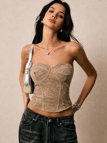 Poéselle Áo hai dây ren nâu dành cho nữ - màu nâu - Xem 4