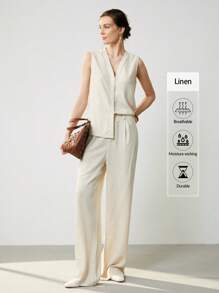 Uhlyne Bộ 2 món đồ thiết kế thanh lịch, đơn giản, màu trơn, thoải mái, phong cách đi làm cho nữ - Màu be - Xem 3