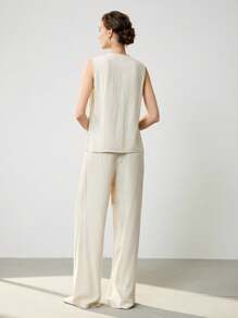 Uhlyne Bộ 2 món đồ thiết kế thanh lịch, đơn giản, màu trơn, thoải mái, phong cách đi làm cho nữ - Màu be - Xem 5