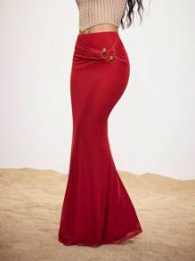 Shutterstock Glamance Women's Solid Color Pleated Design Mermaid Hem Maxi Elegant Skirt Red Maxi Skirt Long Red Skirt Red Mermaid Skirt Red Long Skirt Y2K 2000s Back To School Fall And Winter Club Outfits Women Sexy Date Night Outfits Women
