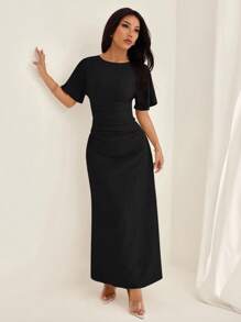 SHEIN PETITE 女式夏季纯色亚麻混纺休闲优雅连衣裙， - 黑色 - 查看 6