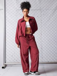 SHEIN Sports Bộ đồ thể thao tập luyện dáng rộng tay Raglan và quần cạp rút cho nữ - Màu Đỏ Sâu - Xem 2