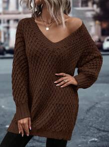 SHEIN LUNE Women's Casual Vacation Plain V-Neck Drop Shoulder Loose Pullover Sweater Knit Pullover Fall Winter - Brown - View 5