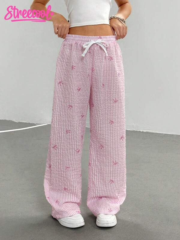 SHEIN Wildeya Tween Girl' Pink Striped Bow Print Bubble Textured Waist Band Loose White Contrast Tie Pants
