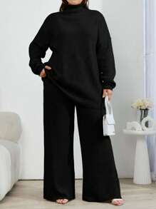EURMUSE 2pcs High Neck Drop Shoulder Sweater And Ribbed Solid Color Sweater Pants - Black - View 7