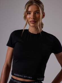 Musera Sport Áo thun trẻ em thể thao ôm sát, viền tương phản, không đường may, kiểu dáng năng động, thích hợp cho tập luyện thể dục thể thao, mùa hè, câu lạc bộ Padel, phòng tập gym và thể dục. - màu đen - Xem 2