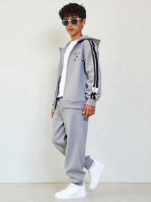Vacaura 2pcs/Set Tween BoyCasual Sports Outfit, Hoodie Jacket With Side Print And Drawstring Waist Long Pants, Autumn/Winter Fall - Grey - View 1