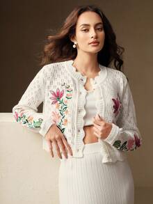 Anewsta Women's Floral Embroidery Hollow Out Long Sleeve Single-Breasted Cardigan - White - View 6