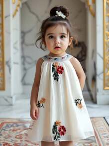 SHEIN Baby Mädchen Ärmellos Besticktes Kleid, süßer Stil mit delikatem Blumenmuster, geeignet für Feiertage, Feierlichkeiten & Familienzusammenkünfte, kreiert einen eleganten kleinen Prinzessinnen-Look