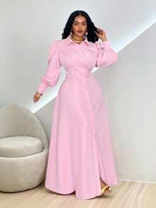 Veslaya Đầm dài dáng suông thanh lịch, màu trơn, tay cánh hoa, cài cúc phía trước, dành cho người có thân hình đầy đặn, thích hợp - Hồng - Xem 12