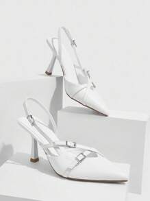 CUCCOO BIZCHIC Women's Fashionable V-Cut Ankle Strap High Heel Pointed Toe Dress Shoes, Graduation Heel, Prom Heels For Summer Elegant Basics Business Casual Business Chic Spring Shoes Spring Break Easter - White - View 6