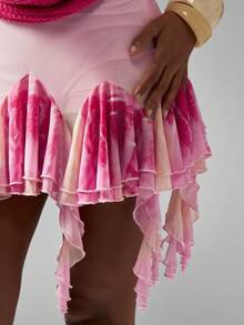 MISSGUIDED Ruffled High Waist Mini Skirt With Dramatic Pink Tie Dye Print And Waterfall Hem Detail Festival Concert Party Beachwear Statement Fashion Summer Evening - Multicolor - View 6