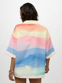 SUMWON WOMEN Resort Vacation Button Up Blouse Collared Hawaiian Ombre Watercolor Print Summer Beach Cover Lounge Wear Relaxed Fit Pastel Rainbow