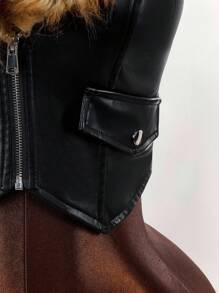 Amplova Women's Vintage Edgy Runway V-Neck Fluffy Cropped Jacket With Asymmetric Hem PU Leather In Fall/Winter - Multicolor - View 4