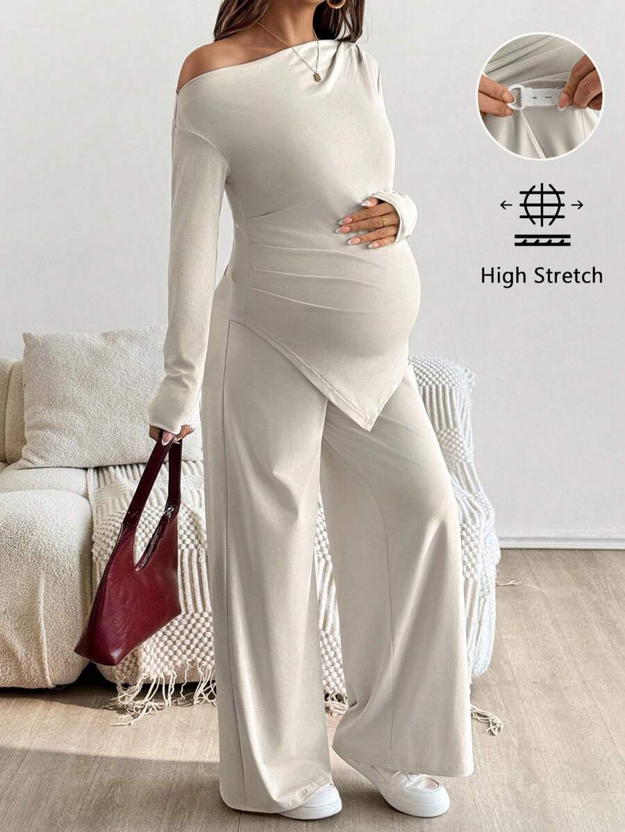 SHEIN Conjunto de 2 piezas de top y pantalones asimétricos de unicolor casual para mujeres embarazadas - Albaricoque - Ver 1