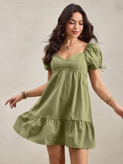 Wildy Women's Summer Bubble Short Sleeve Square Neck Fitted Washed Denim Flare Mini Dress