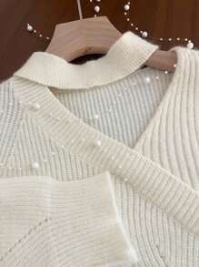 SHEIN Women Casual Minimalist Solid Color Asymmetrical Keyhole Neck Pullover Sweater, Autumn/Winter Knit Pullover Fall - Beige - View 4
