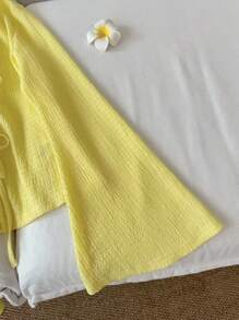 SHEIN LUNE 休闲女士纯色宽松前系带喇叭袖上衣度假女士返校教师度假女士学校外出上衣返校机场女士复古风格女士度假上衣长袖上衣女士奶油黄色度假装女士秋季系带前上衣黄色上衣黄色衬衫可爱黄色上衣黄色系带前上衣黄色 V 领上衣黄色衬衫黄色长袖上衣 - 黃色 - 查看 4