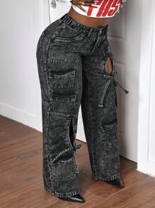 Slaydiva Celana Jeans Wanita Ukuran Plus Longgar Model Boyfriend Sobek dengan Kaki Lebar, Pakaian Musim Gugur untuk Wanita - Hitam - View 4