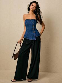 Poéselle Women's Denim Tops Asymmetrical Structure Metal Button Placket Women's Tops Blue Tops Women's Denim Women's Tube Tops Denim Tube Tops Elegant Women's Summer Fashion Street Front Button Asymmetric Hem Tube Top Denim Blouse, Old Money Back To School Country Concert Business Casual Woman Going Out Tops Wedding Guest Women Y2k Cute Western For Women Office For Women Work Going Out