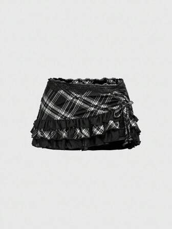 ROMWE Avant Women Vintage Collegiate Style Printed Lace Panel Asymmetrical Mini Skirt