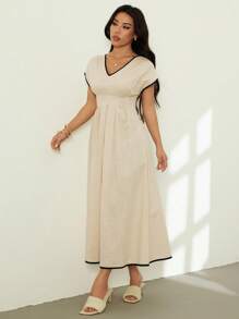 SHEIN PETITE Women's V-Neck Flutter Sleeve Pleated Dress, Summer - Beige - View 3