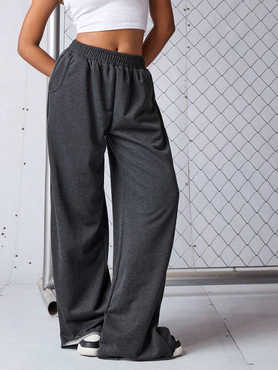 SHEIN Sports 女士松紧腰侧口袋宽松休闲运动阔腿裤 - 黑色 - 查看 1