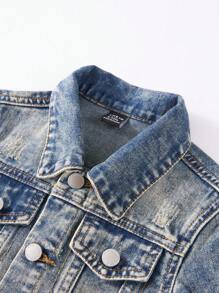 SHEIN Baby Boy Distressed Denim Jacket Light Blue,Autumn,Street Life Casual Graphic Street Fashion,Back-To-School Vintage Urban Loose Fit Ripped Jacket - Medium Wash - View 6