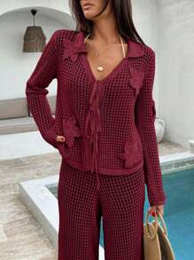 EURMUSE 女士夏季钩针海滩度假春季度假装波西米亚风纯棉白色派对太阳裙套装女式两件套沙滩装 - 酒紅色 - 查看 6