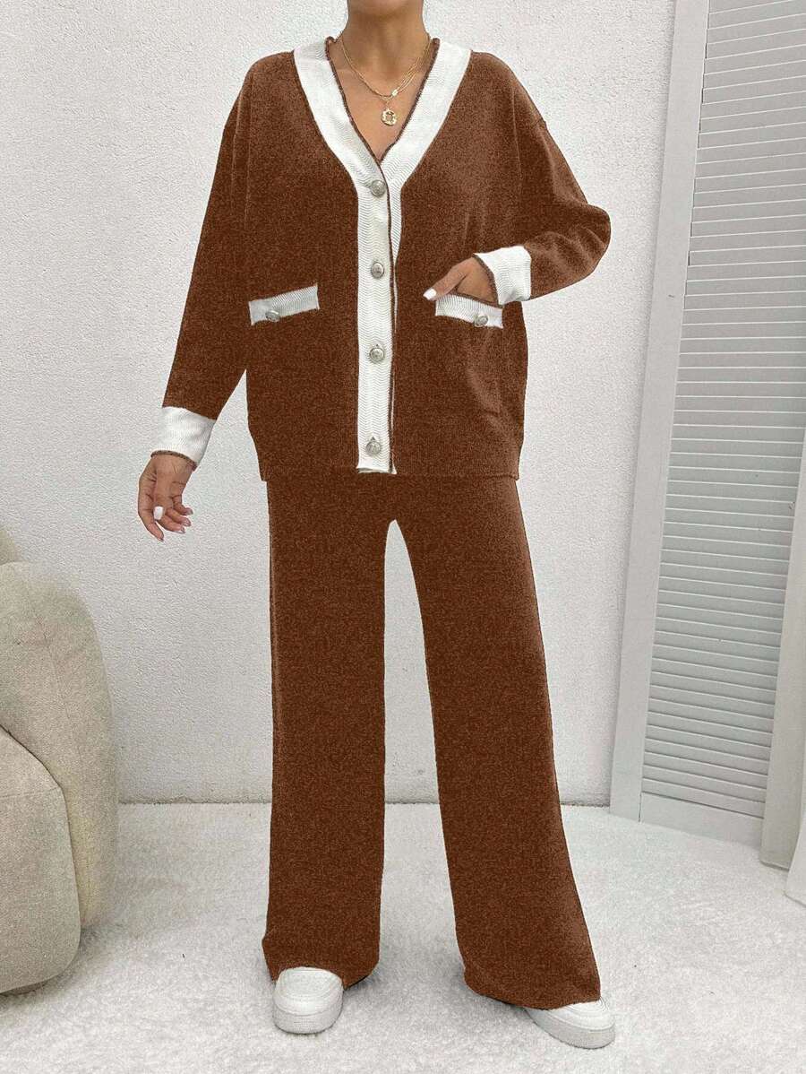 EURMUSE Ladies' Two Pieces Set Of Colorblock Cardigan With Rolled Edge And Drop Shoulder & Pants With Button Fly,Petite,Winter Clothes