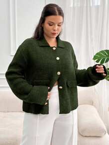 EURMUSE 大码纯色针织开衫，秋冬休闲 - 軍綠色 - 查看 4