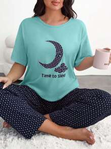 SHEIN Set pijamale Cottonline 2 piese mărime mare, cămașă cu mânecă scurtă și imprimeu cu lună în culori contrastante, model stele