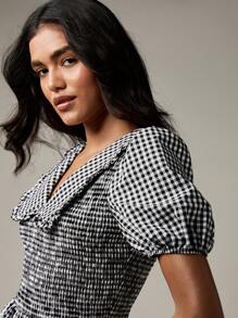 MISSGUIDED Gingham Check Smocked Blouse Puff Sleeve Peter Pan Collar Summer Spring Cottage Core Vintage Inspired Ruffle Peplum Top - Black and White - View 4