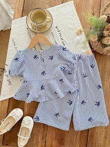 LMoss Kids Babygirl Cute Summer Bow Striped Blue & White Short Sleeve Top And Elastic Waist Pants Set