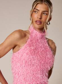 MUSERA High Halter Racer Neck Textured Fluffy Longline Top Festival, Concert, Rave, Club , Summer, Sexy Fall