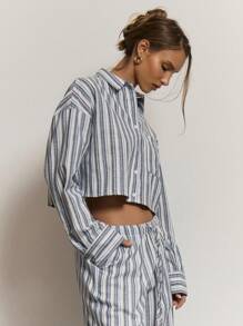 MUSERA Stripe Button Down Cropped Shirt Cute Summer Holiday Vacation Casual Sexy Elegant Cool Classy Beach Boho Top Only Collective Office Attire For Women, Office Wear Women