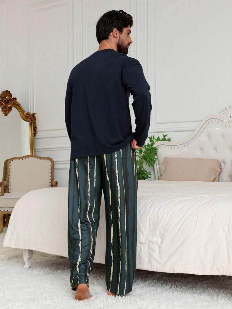 Spring & Autumn Embroidery Pocket Patch Designed T-Shirt With Black Pant Homewear Suit For Men Pajama