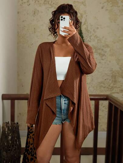 SHEIN VCAY Plus Size Casual Versatile Solid Color Asymmetric Hem Cardigan Brown Cardigan Women Women Brown Cardigan Brown Fall Cardigan Brown Open Front Cardigan Cardigan Outfits For Women