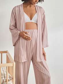 BloomMama 2pcs Striped Print Flare 3/4 Sleeve Maternity Sleepwear Set - Pajama Top And Long Pants, Fall Winter Clothes - Dusty Pink - View 4