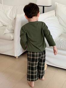DAZY Toddler Boys Casual Homewear Set - Round Neck Solid Color Short Sleeve T-Shirt & Plaid Long Pants - Green - View 2