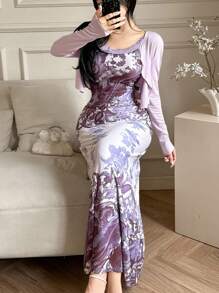 Feyla 2件套蕾丝印花修身防晒套装 - 紫色 - 查看 3