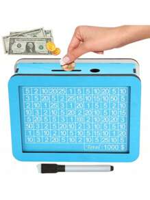 1个美元欧元标志存钱罐DIY粉色和蓝色木制存钱罐，带可擦拭保护膜，可重复使用和书写。适用于硬币和纸币、储蓄计划、男孩和女孩的礼物、返校万圣节装饰、学校用品 - 彩色 - 查看 2