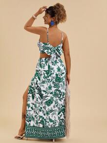 SHEIN VCAY Green Boho Two-Piece Set With Crop Camisole And Maxi Wrap Skirt