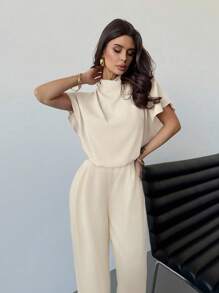 Firerie Bộ 2 món quần ống rộng dáng đứng thoải mái, thích hợp mặc thường ngày, đi làm và đi nghỉ, thanh lịch tối giản, cổ bèo nhún màu xanh lam, đa năng, mùa hè - Hồng - Xem 4